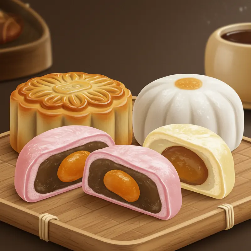 Bánh trung thu mochi trong không gian lễ hội truyền thống Đài Loan và Nhật Bản.