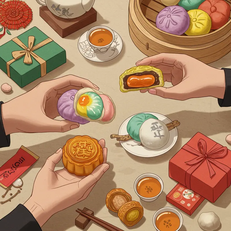 Bánh trung thu mochi trong không gian lễ hội truyền thống Đài Loan và Nhật Bản.