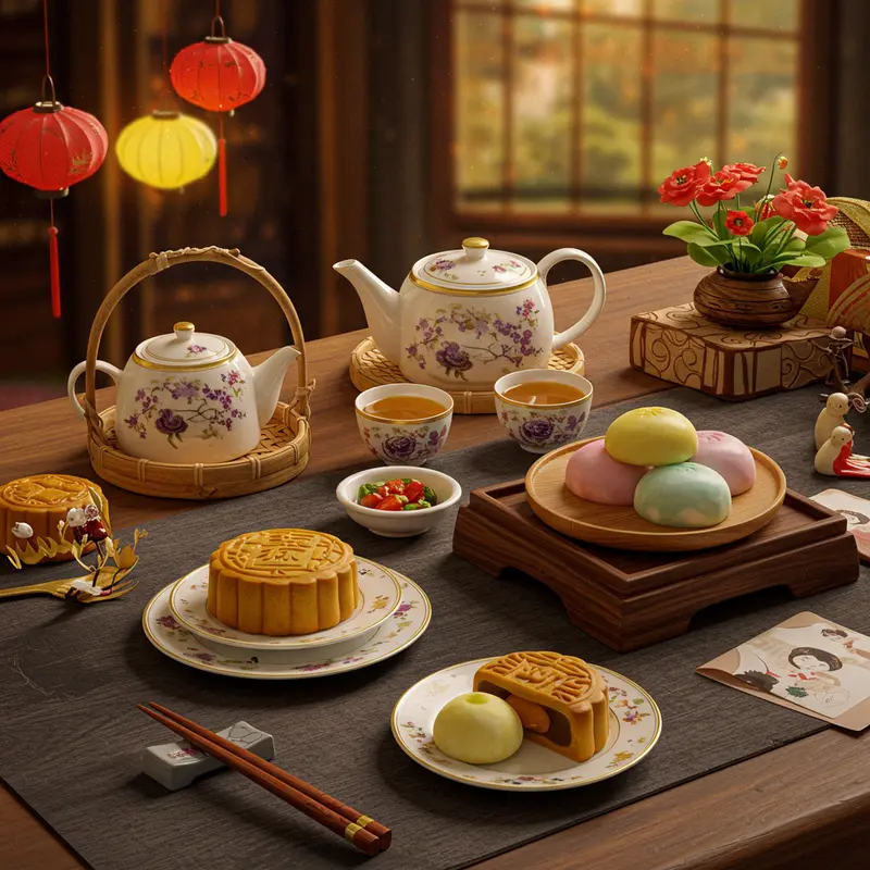 Bánh trung thu mochi trong không gian lễ hội truyền thống Đài Loan và Nhật Bản.