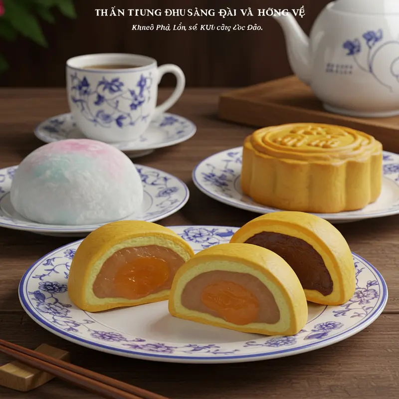 Bánh trung thu mochi trong không gian lễ hội truyền thống Đài Loan và Nhật Bản.