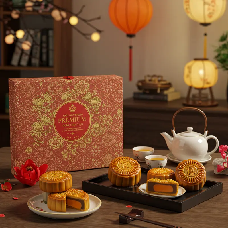 Cảnh bày trí hộp bánh Trung Thu cùng bánh, trà và đèn lồng trong không gian công sở, tôn vinh giá trị tri ân.