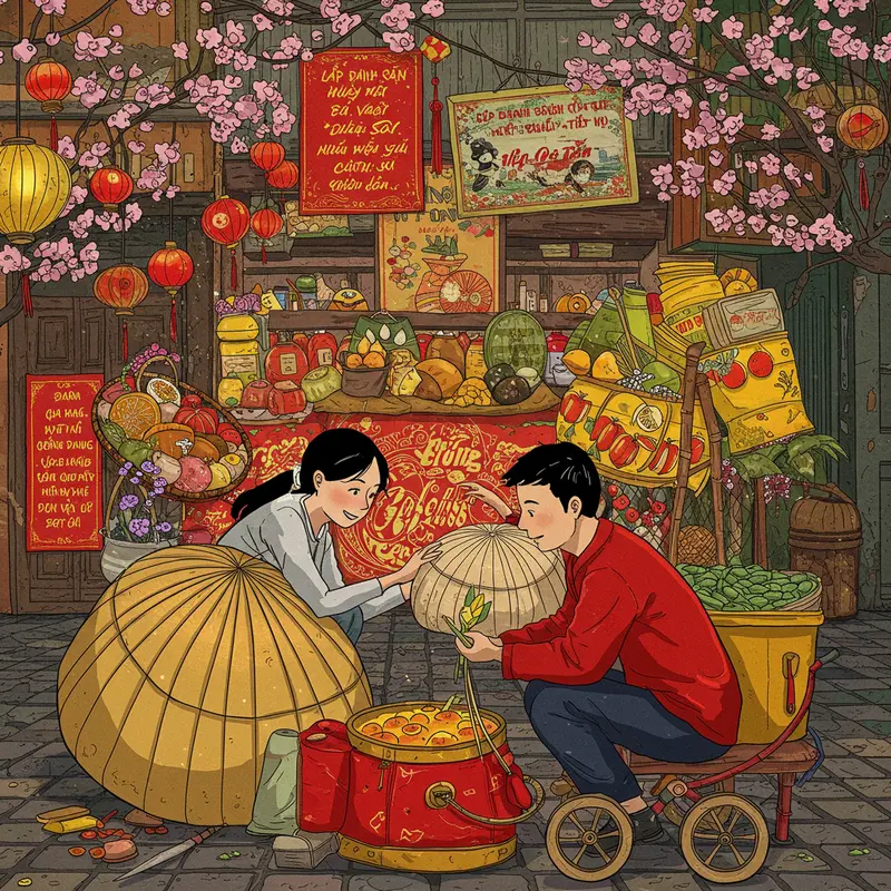 Gia đình ba thế hệ cùng tặng quà Tết, xung quanh là hoa mai, giỏ quà rực rỡ trên bàn, phòng khách ấm cúng.