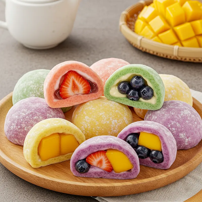 Mochi trái cây nhiều màu sắc với nhân dâu tây, việt quất, xoài tươi mát.