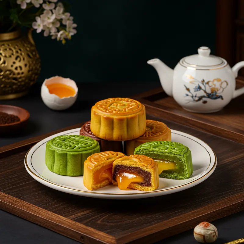 Đĩa bánh trung thu lava nhập khẩu đa dạng vị với nhân trứng muối, matcha và socola đang tan chảy.