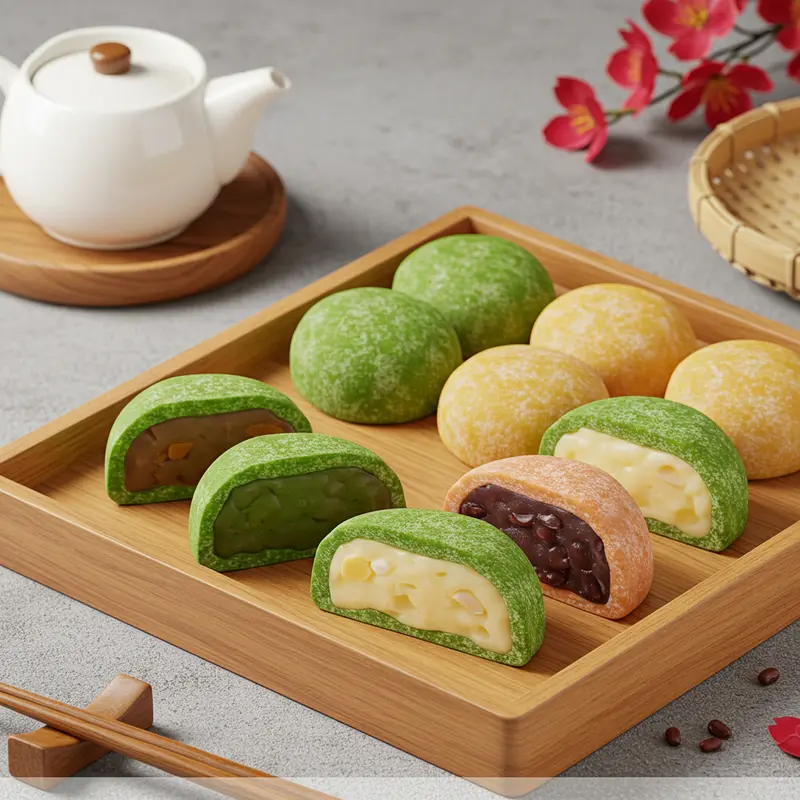 Bánh Trung Thu mochi với nhiều loại nhân đa sắc màu, bày trên khay gỗ.
