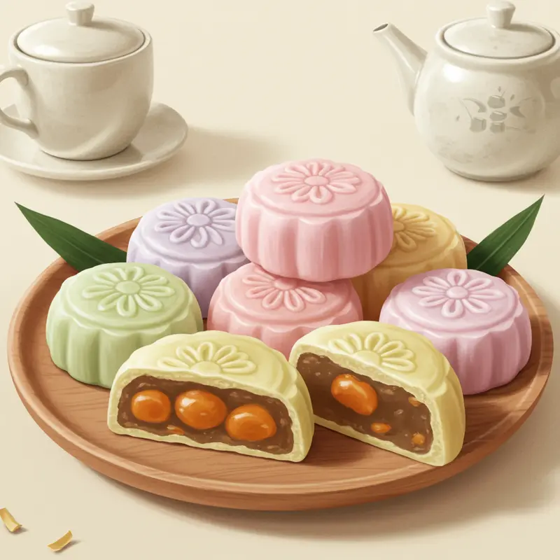 Bánh Trung Thu mochi đủ màu sắc, tròn đều, mịn màng được bày biện đẹp mắt.