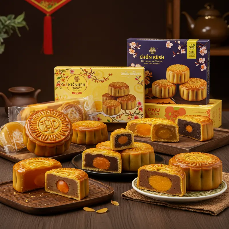Bánh Trung Thu đa dạng từ các thương hiệu lớn với lớp vỏ và nhân rõ nét.