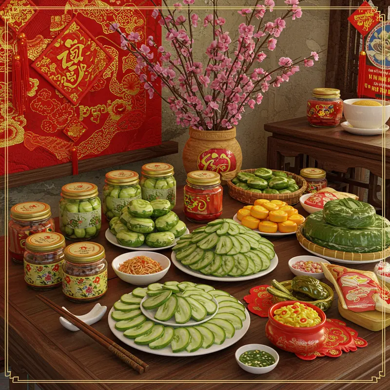 Bàn ăn Tết miền Bắc bày biện các món giò chả, bánh chưng, dưa hành cùng trang trí hoa đào rực rỡ.