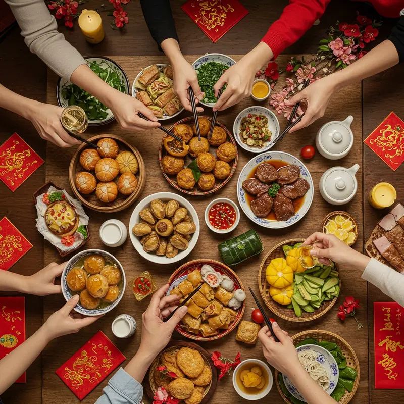 Bàn ăn Tết miền Trung với nem lụi, bánh thuẫn, tré và không khí đoàn viên ấm áp.