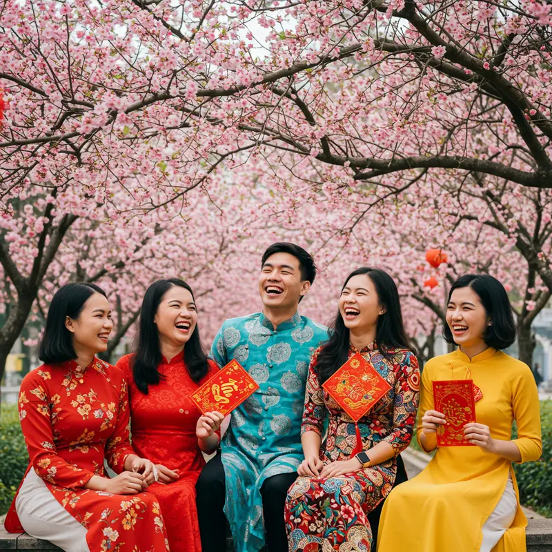 Ông bà nhận lời chúc Tết và sum vầy cùng con cháu trong không khí ấm áp.