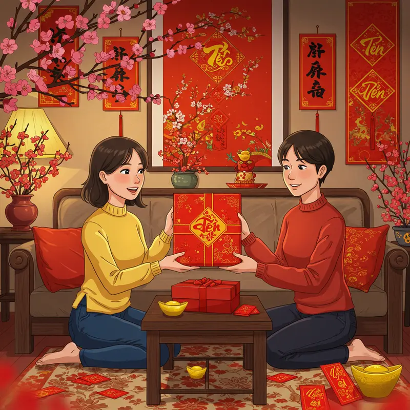 Bạn bè trao nhau hộp quà Tết trong không khí ấm áp đầu năm.