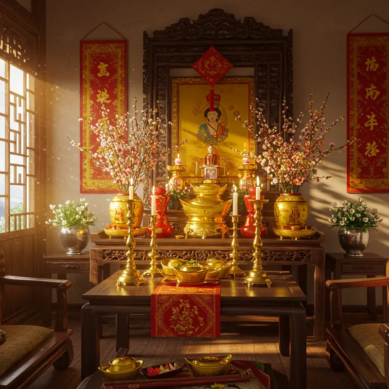 Ảnh bàn thờ gia tiên ngày Tết với đồ cúng, hoa tươi, không gian ấm áp.