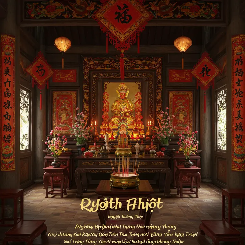 Không gian bàn thờ gia tiên ấm cúng, trang nghiêm trong ngày Tết.