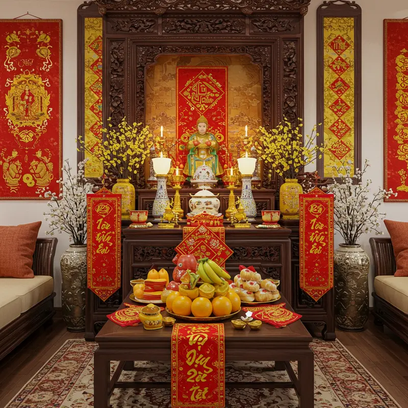 Không gian phòng khách, bếp với sắc đỏ, vàng rực rỡ đón Tết.