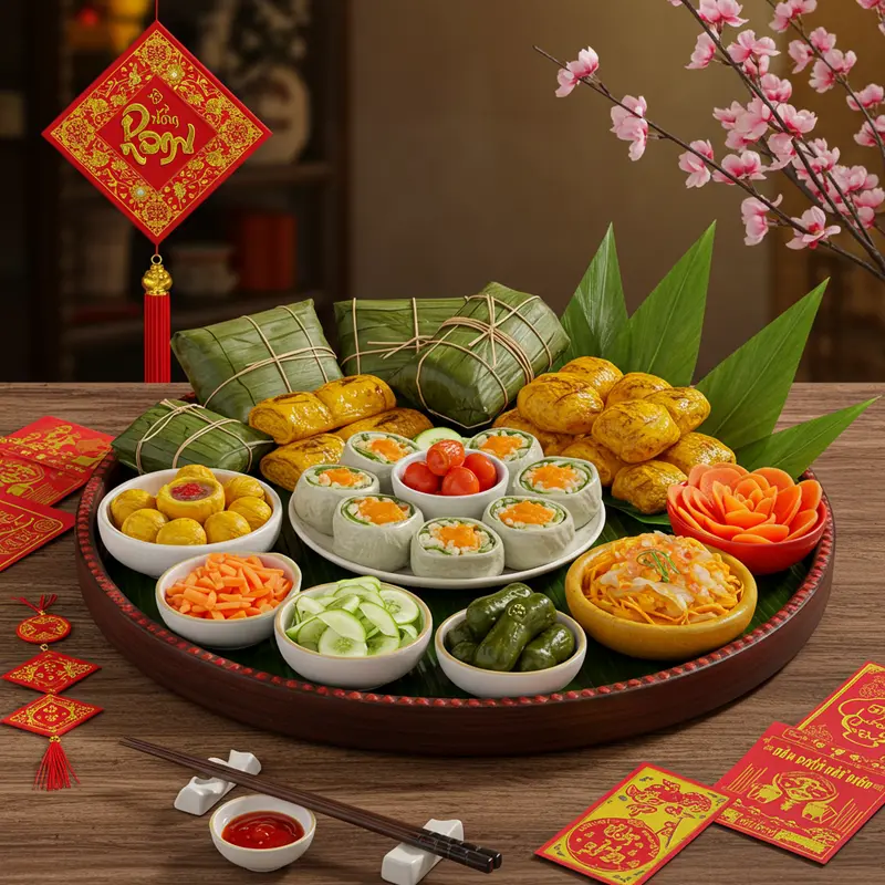 Bánh chưng và bánh tét vừa gói xong, trình bày cùng dưa món và lá dong, lá chuối trên khay gỗ lớn.