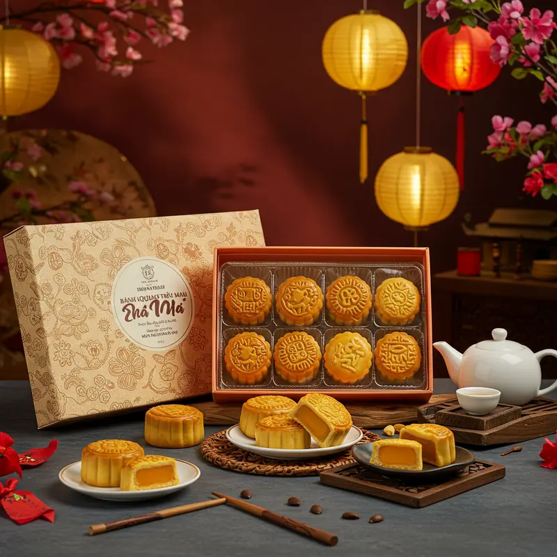 Bánh trung thu lava phô mai tan chảy cạnh bánh trung thu truyền thống.