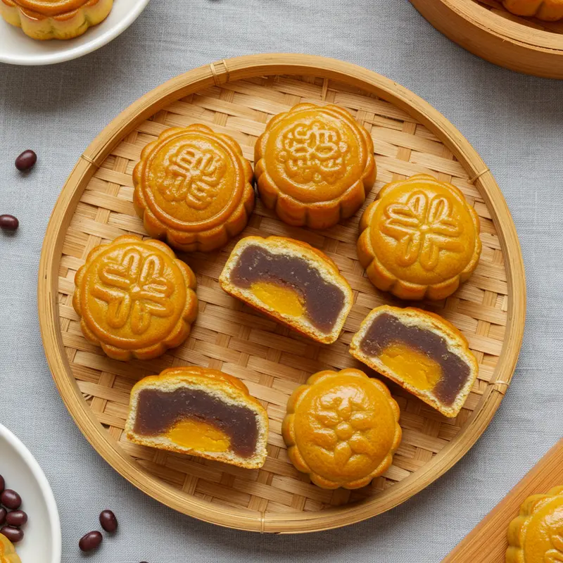 Ảnh trên xuống những chiếc bánh trung thu mini nhân đậu xanh, khoai môn xếp trên mẹt tre dưới ánh sáng tự nhiên.