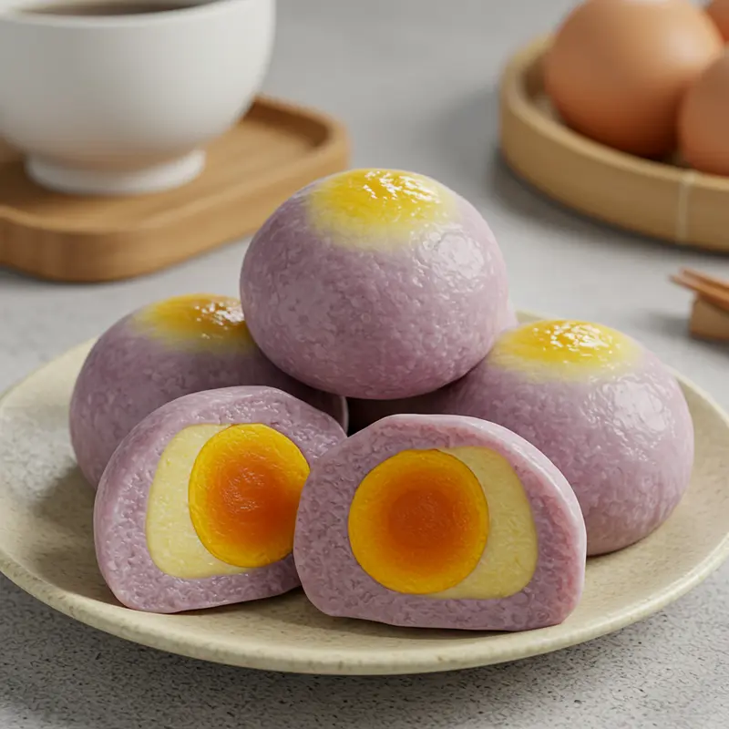 Ảnh cận cảnh bánh mochi cắt đôi, lộ rõ nhân khoai môn tím và trứng muối vàng bên trong.