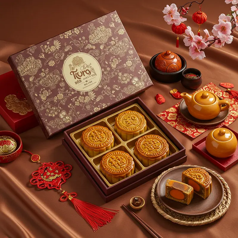 Góc nhìn từ trên xuống hộp bánh trung thu 200g với bốn bánh, trang trí cầu kỳ, không có chữ.