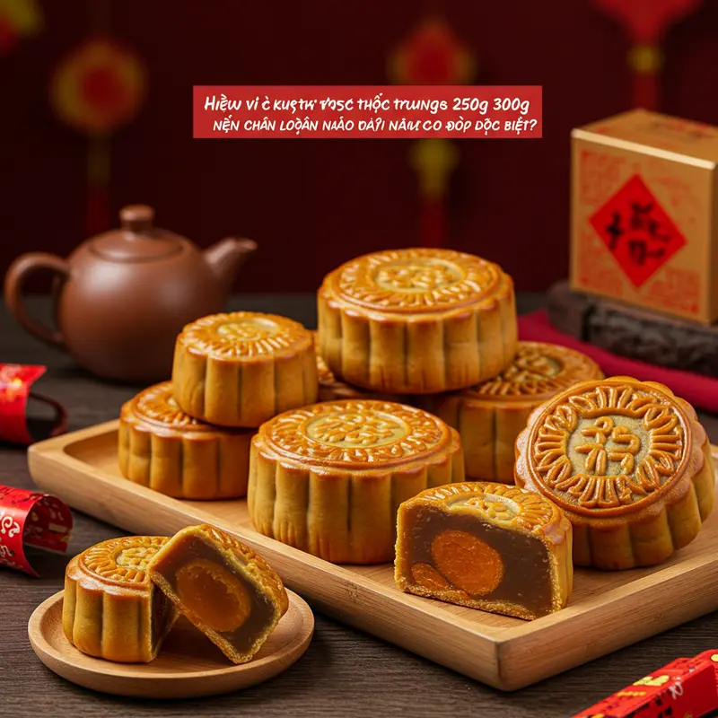 So sánh bánh trung thu 250g và 300g trên cùng khay.