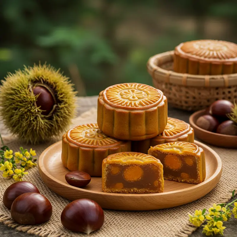 Cận cảnh bánh Trung Thu Bắc Kạn trên đĩa gỗ cạnh hạt dẻ, hoa rừng.