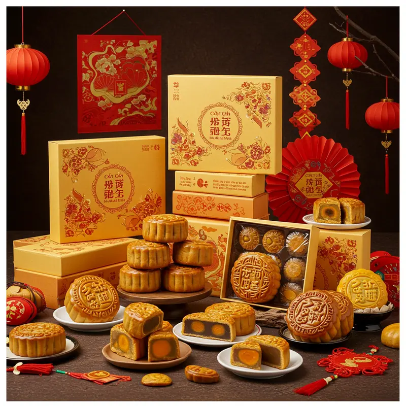 Hình ảnh bánh Trung Thu cao cấp đóng hộp cùng trang trí mùa lễ hội.