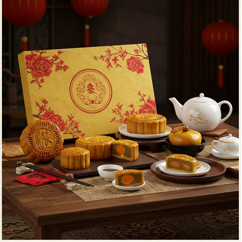 Bộ bánh trung thu cao cấp được sắp xếp tinh tế trên bàn gỗ truyền thống.