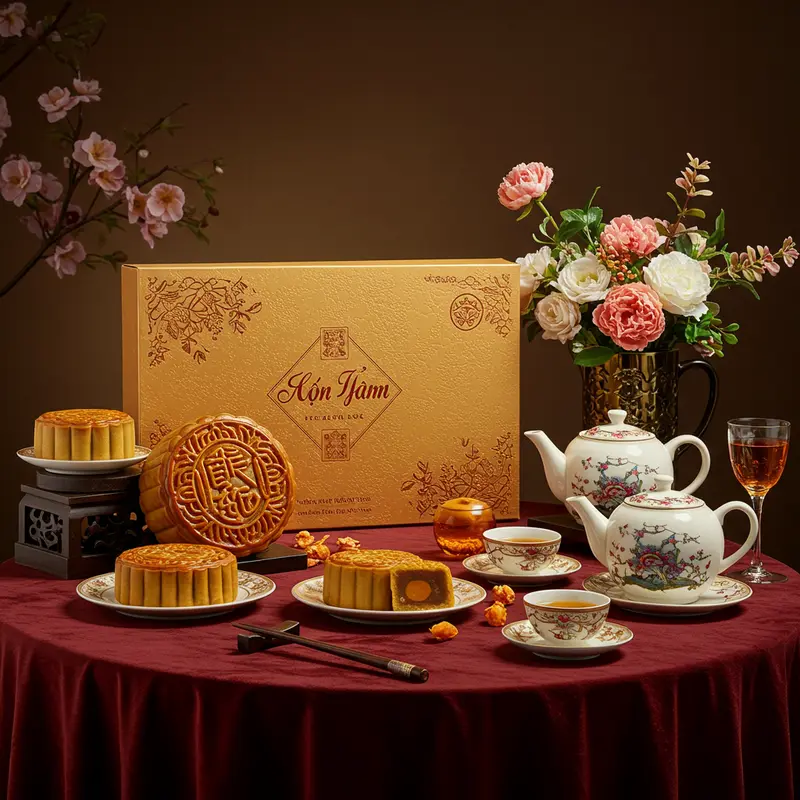 Ảnh hộp bánh Trung Thu cao cấp, bánh nướng và trà, trang trí hoa, ánh sáng ấm áp.