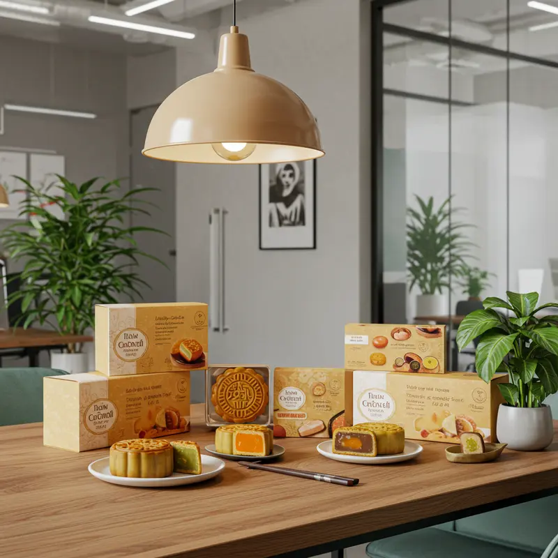 Bánh trung thu chay được trưng bày thanh lịch trong môi trường doanh nghiệp hiện đại.