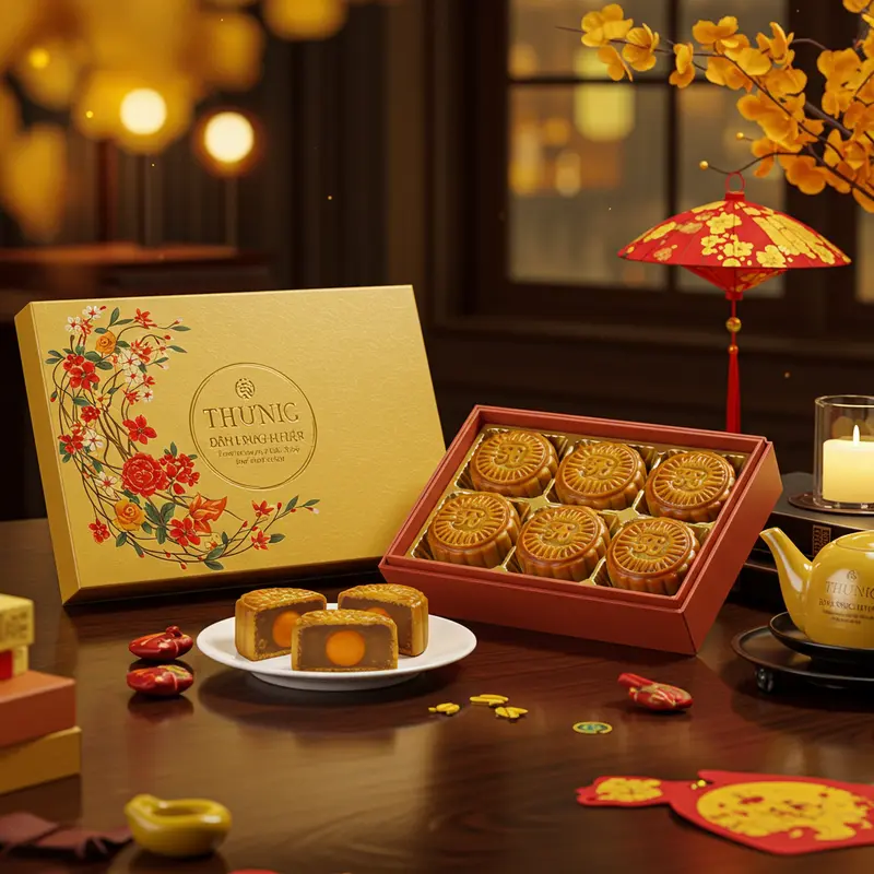 Hình hộp bánh trung thu cao cấp trên bàn làm việc, ánh sáng ấm áp.