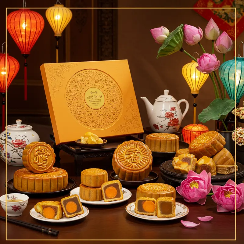 Hộp bánh trung thu sang trọng cùng nhiều loại bánh và hoa sen bày biện trên bàn lễ Trung Thu.