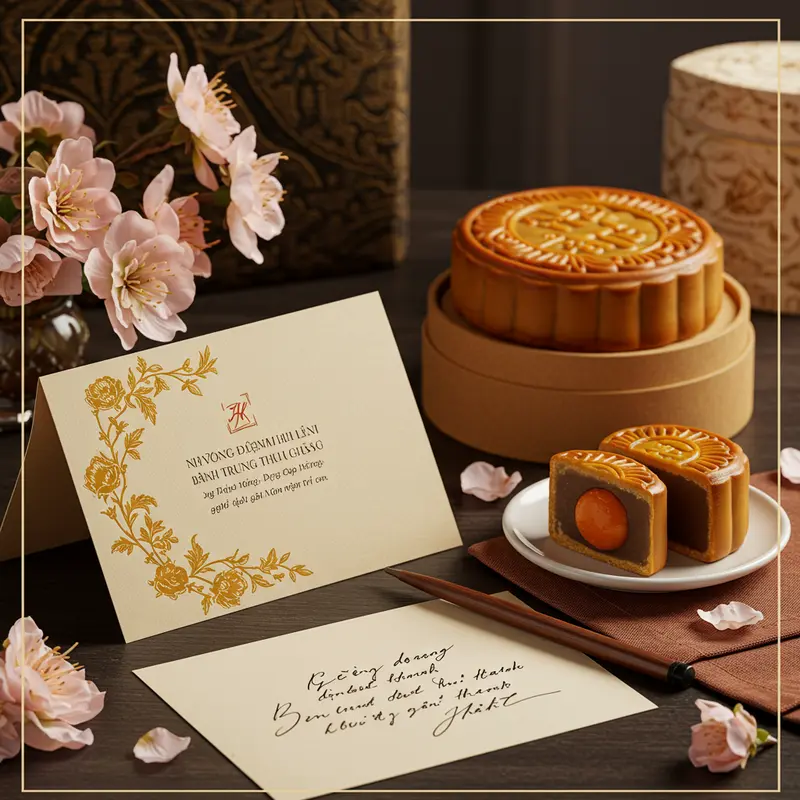 Hộp bánh trung thu cao cấp trên bàn làm việc, tạo không khí trang trọng.