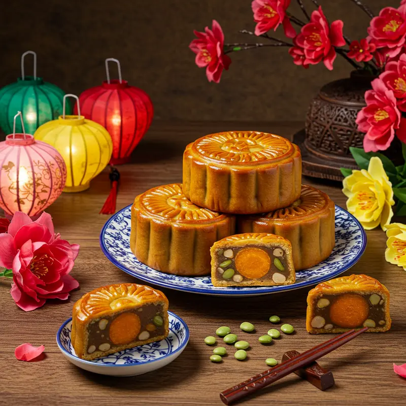 Hộp bánh trung thu gỗ cao cấp chạm trổ tinh xảo, bày biện bên cạnh những chiếc bánh trung thu sang trọng.