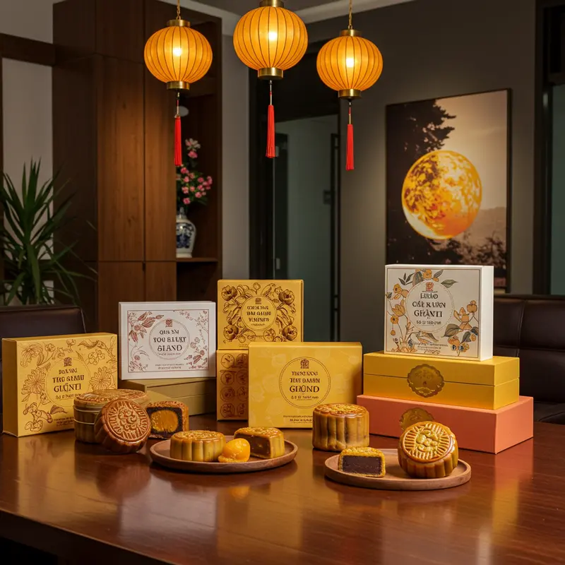 Hộp bánh Trung thu doanh nghiệp cao cấp trên bàn, không khí ấm áp trong môi trường làm việc chuyên nghiệp.