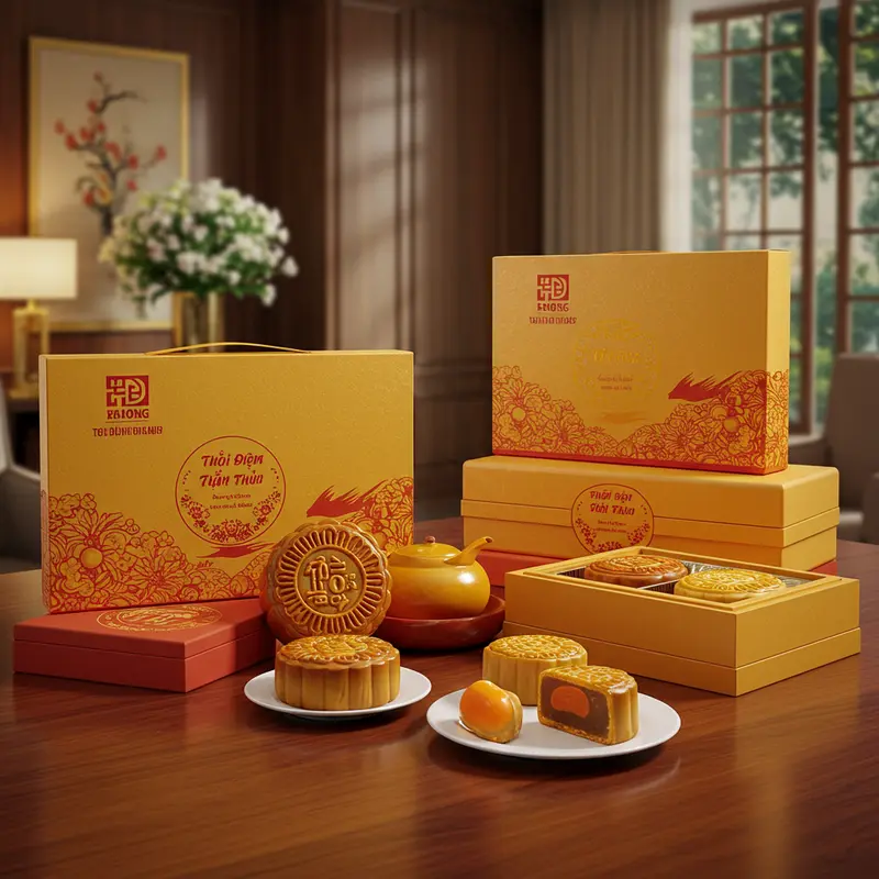 Các hộp bánh trung thu đẳng cấp được bày biện tại phòng họp doanh nghiệp dưới ánh sáng nhẹ nhàng.