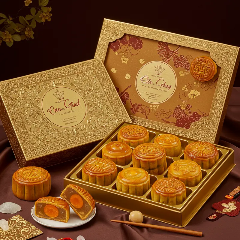 Hình ảnh hộp bánh Trung Thu cao cấp trong đó bánh có thể thấy rõ thành phần đông trùng hạ thảo, tổ yến.