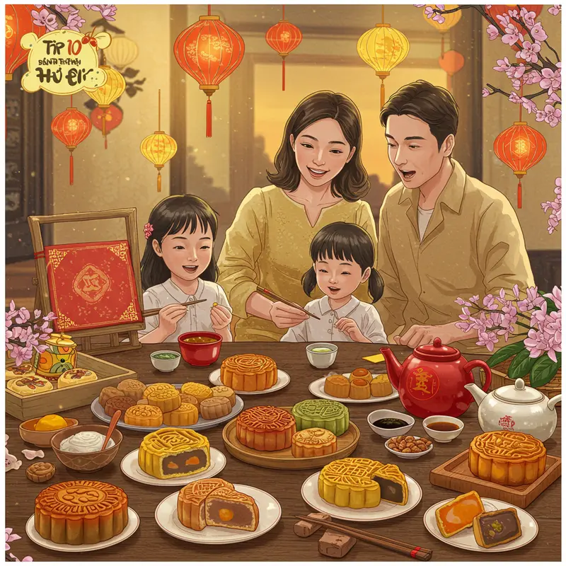 Cảnh gia đình quây quần bên bàn với các loại bánh trung thu giá rẻ, không khí sum họp ấm áp.