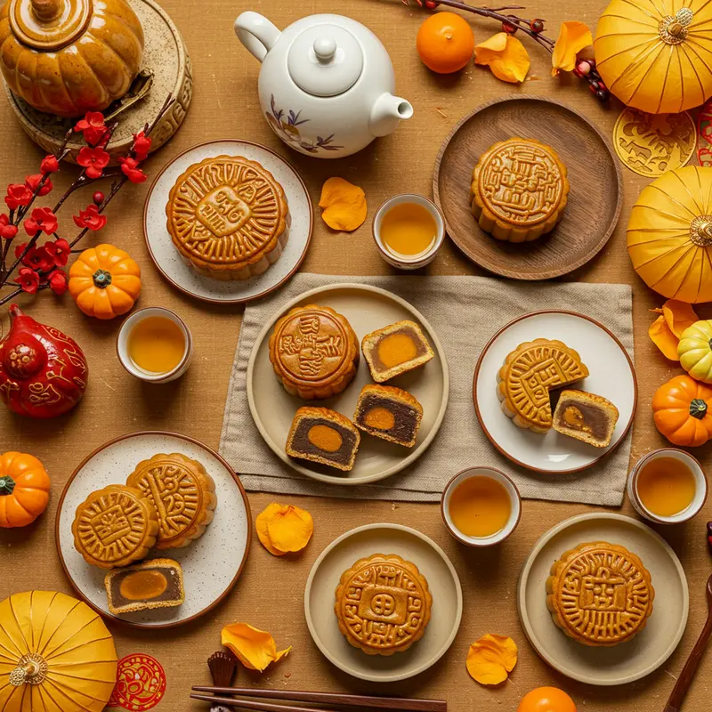 Mâm bánh trung thu giá rẻ bày trên bàn cùng tách trà và đèn lồng nhỏ.