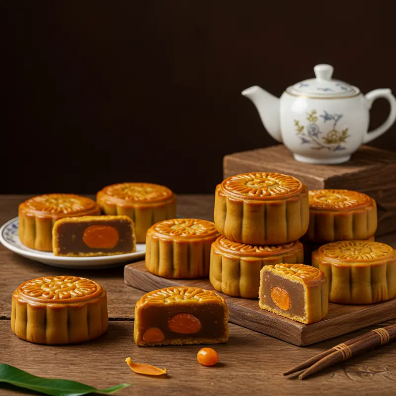 Bánh trung thu tầm trung đủ kiểu dáng và màu sắc bày đẹp mắt trên bàn.