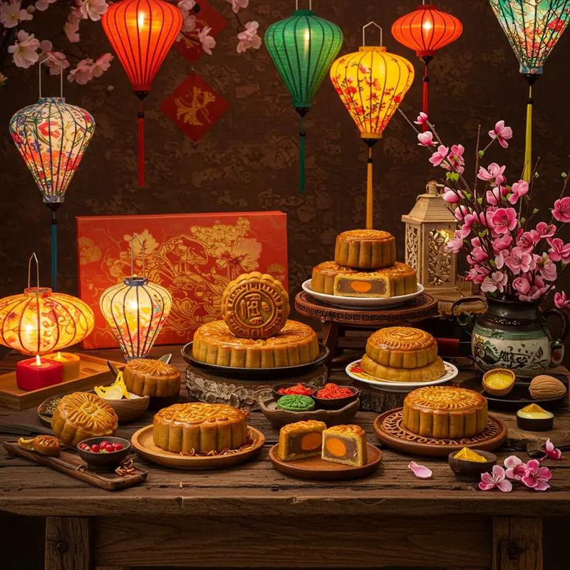 Bánh Trung Thu Hà Nội truyền thống cạnh bánh hiện đại trên bàn gỗ, trang trí đèn lồng và hoa, không khí lễ hội hòa quyện.