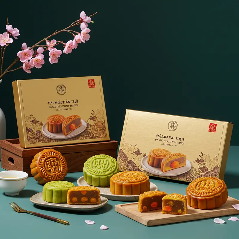 Bánh Trung Thu Hà Nội cổ truyền với khuôn hoa văn đẹp mắt trên khay gỗ.