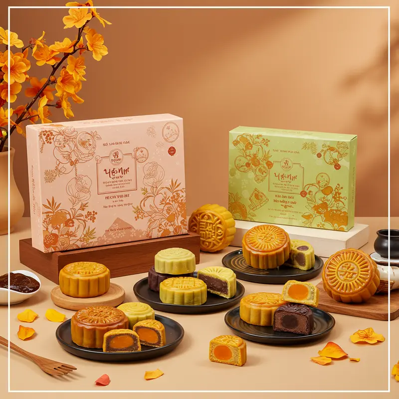Hình ảnh bánh Trung Thu hiện đại nhiều màu sắc, thiết kế sang trọng, bày biện tinh tế.