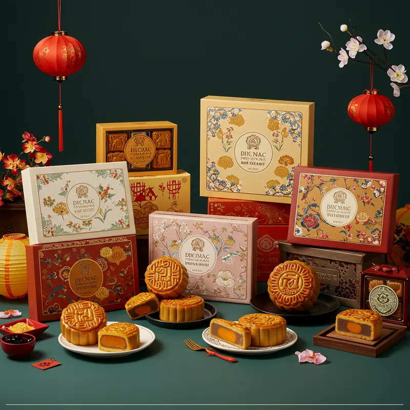 Nhiều hộp bánh Trung Thu sang trọng, thiết kế cá nhân hóa đặt trên bàn với đèn lồng và bánh Trung Thu.