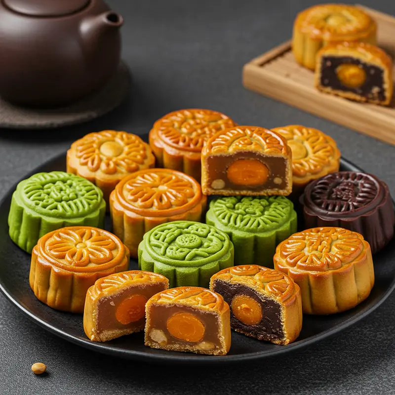 Hình ảnh bánh trung thu truyền thống và bánh mini đặt cạnh nhau, làm nổi bật sự khác biệt về kích thước và hoa văn.