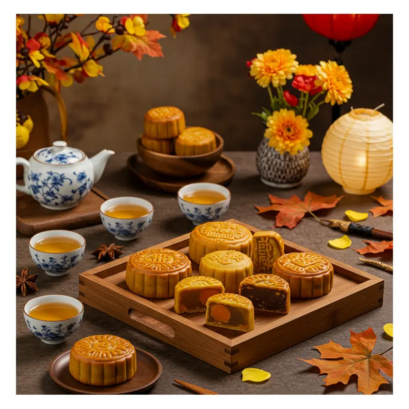 Đĩa bánh trung thu ít ngọt được trình bày đẹp mắt trên bàn gỗ với ánh đèn lồng và hoa mùa thu.