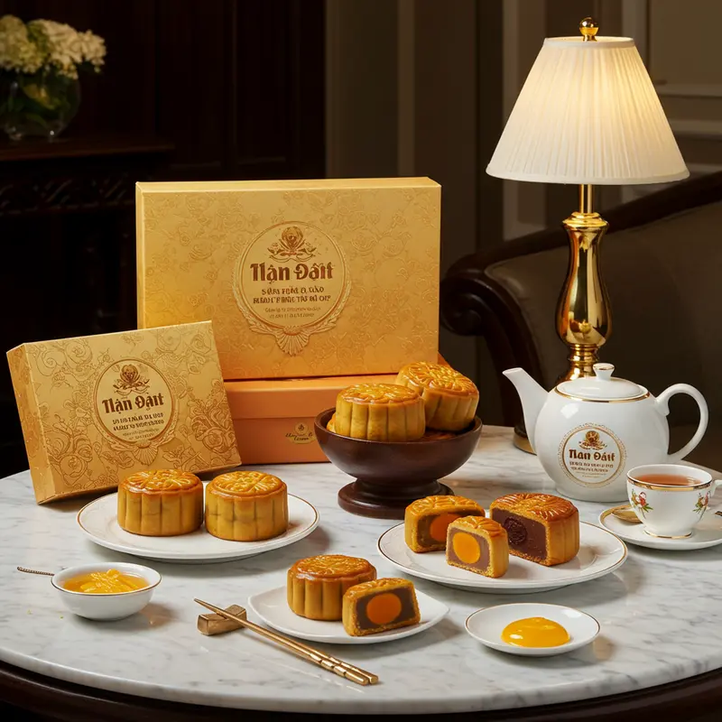 Bánh trung thu với hộp đựng cao cấp bên bộ trà, ánh sáng tinh tế tại không gian khách sạn đẳng cấp.