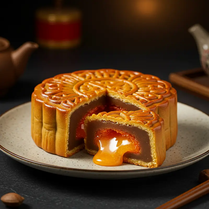 Cận cảnh bánh Trung Thu lava với phần nhân tan chảy vàng óng quyến rũ.