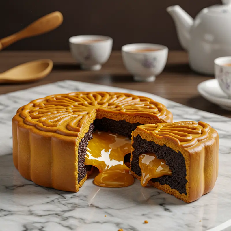 Mặt cắt bánh trung thu lava cho thấy nhân chảy hấp dẫn.