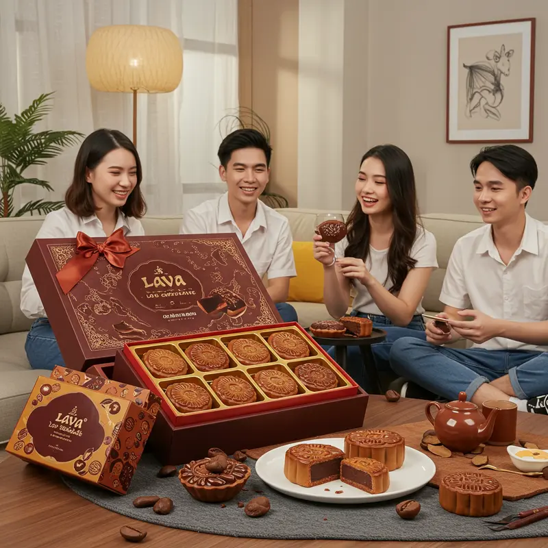 Cận cảnh bánh trung thu lava chocolate với lớp nhân tràn đầy quyến rũ.