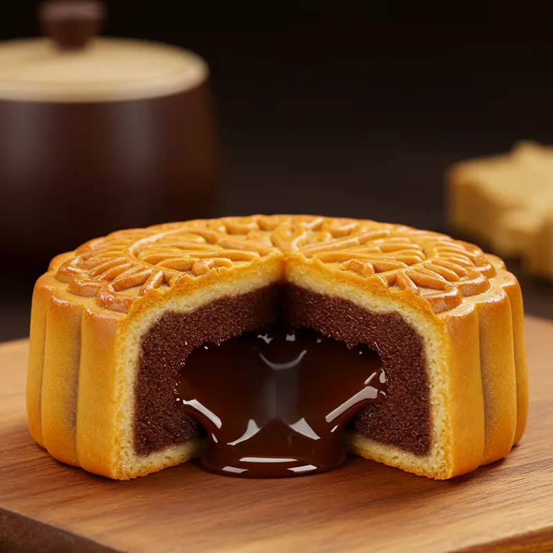 Cận cảnh bánh trung thu lava chocolate với lớp nhân tràn đầy quyến rũ.